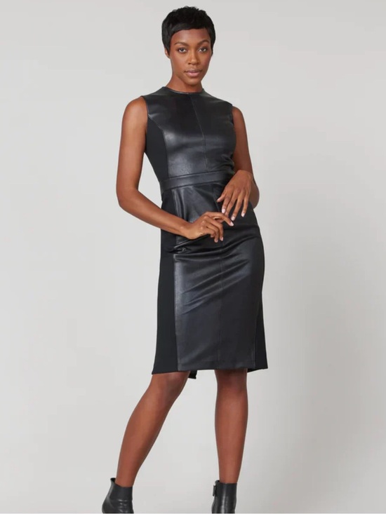 SPANX Dresses & Skirts - Spanx Leather-Like Combo Sheath Dress Medium Black Mixed Media